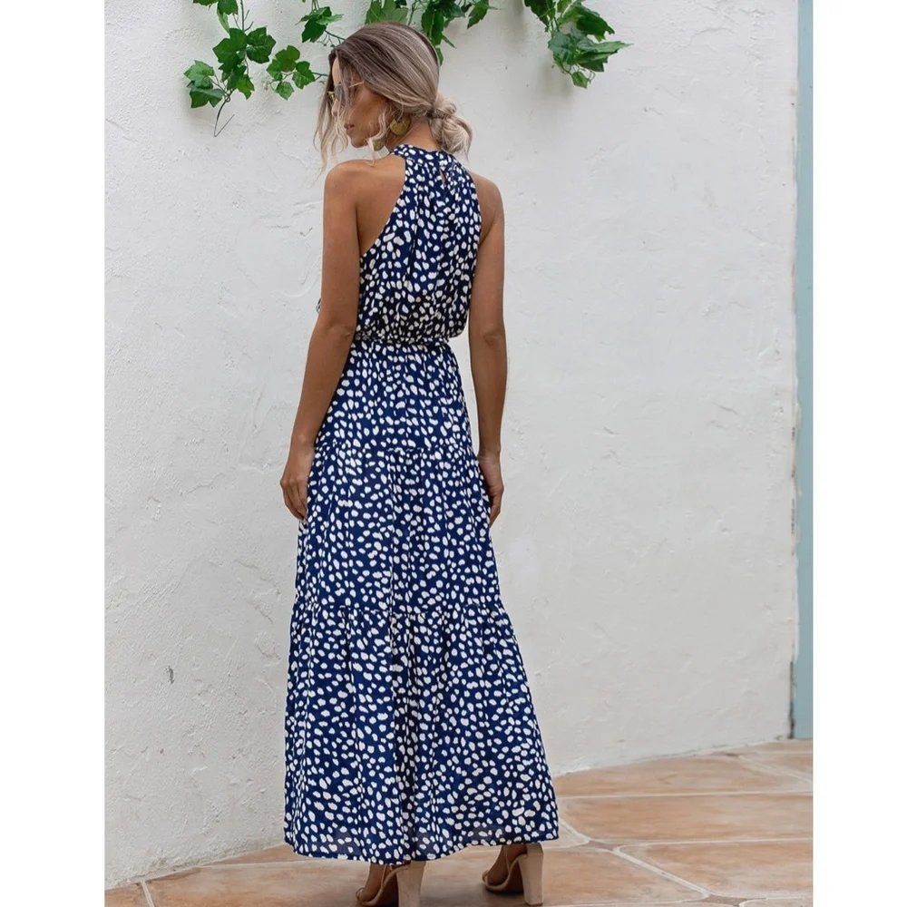 Spotted Print Maxi Dress Tie Belt High Neck - Picture 12 of 15